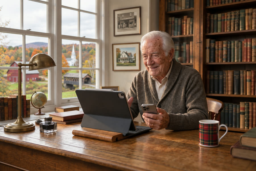 A man at his desk by the window, talking with his Legacy guide
