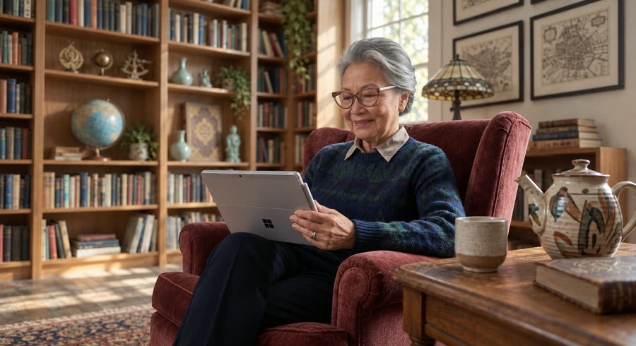 A woman in her reading chair, talking with her Legacy guide on a tablet